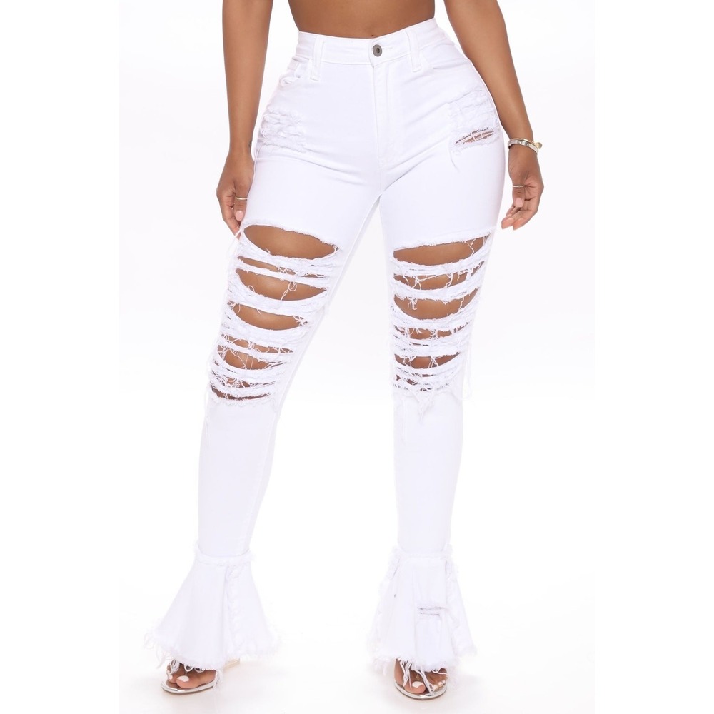 New Fashion Nova Size 1 Flare Destructed Skinny Jeans Fray What Mean White